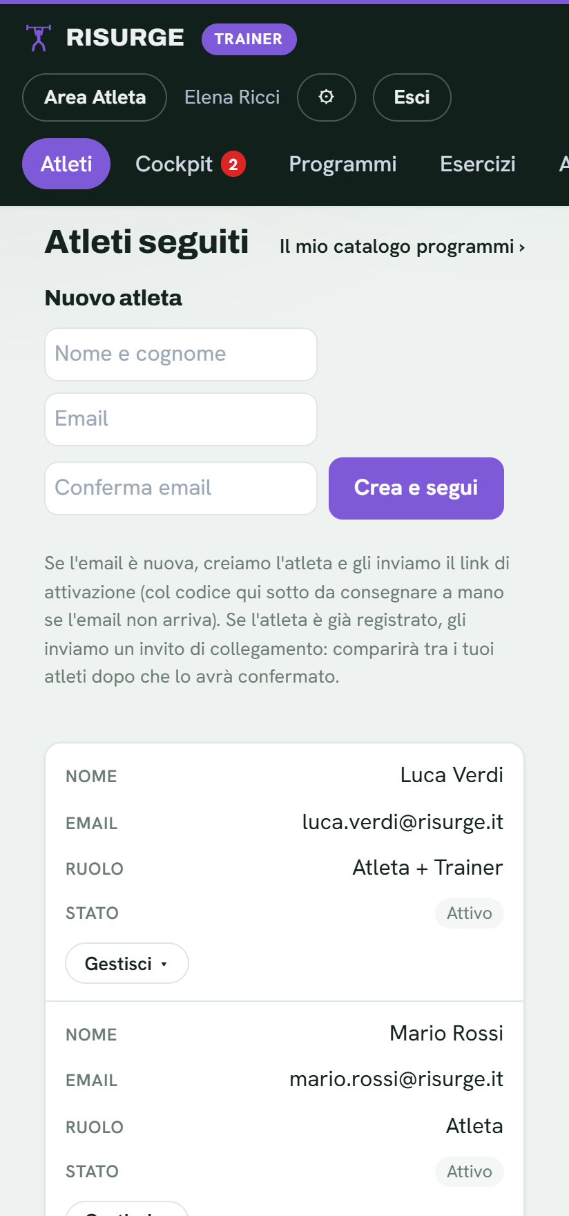 La gestione degli atleti seguiti dal trainer nell’app mobile Risurge