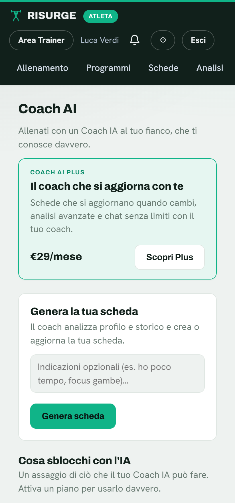 Il Coach IA di Risurge: idoneità, generazione scheda e chat